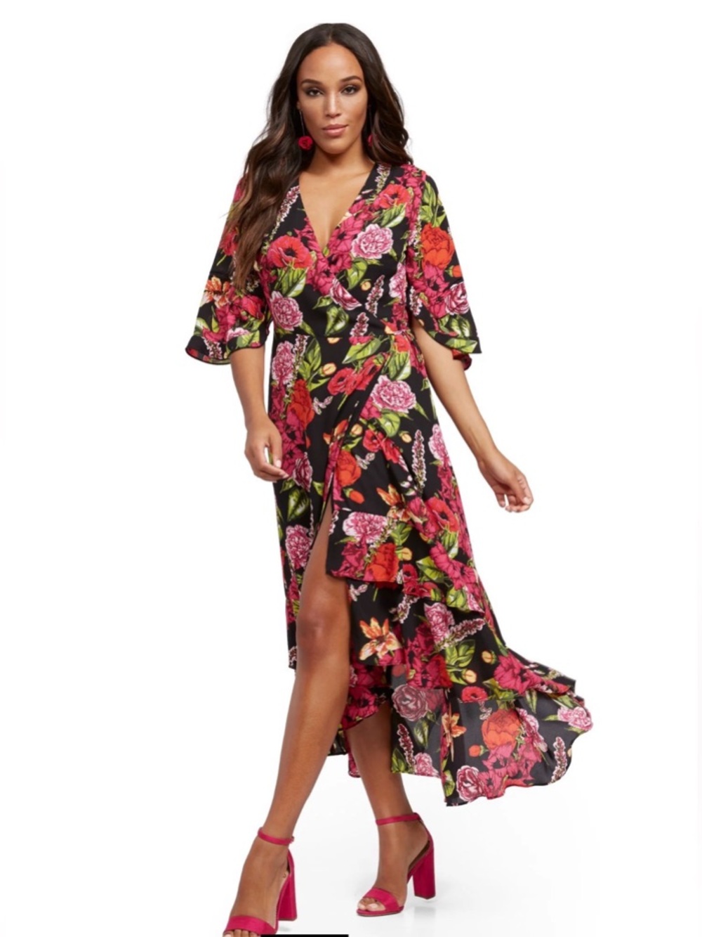 LIKE NEW New York & Company Floral Hi-Lo Wrap Maxi Dress - Sz Medium